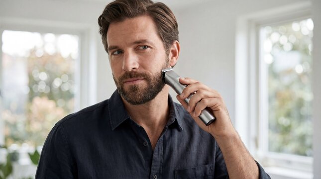 Bearded man trimming facial hair with electric trimmer while checking tablet. Modern home grooming routine in stylish indoor setting with plants and natural light