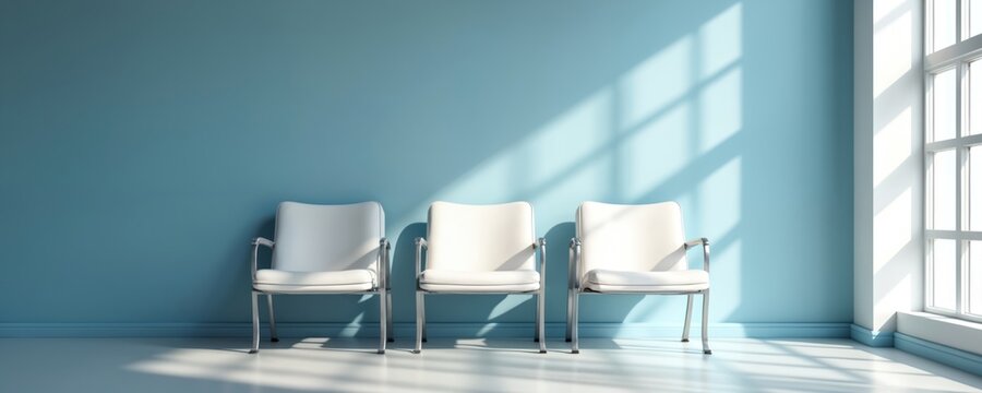 Three white chairs line bright blue wall. Sunlight streams through large window creating shadows on floor, wall. Minimalist space conveys calm, emptiness. Perfect for waiting rooms quiet