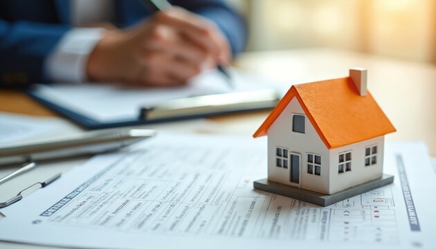 Man in suit signs mortgage papers near house model. Financial advisor reviews loan contract for property purchase. Home buying process, investment decision.