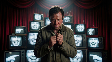 Desperate man crying in front of laughing screens