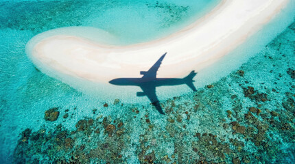 Airplane shadow on white sandbar in tropical ocean