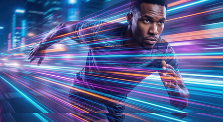 Naklejka premium Fast athletic runner sprinting with neon light trails