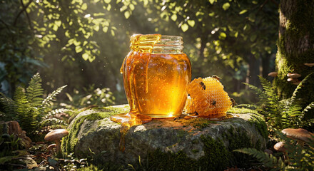 Jar of honey and honeycomb on mossy rock