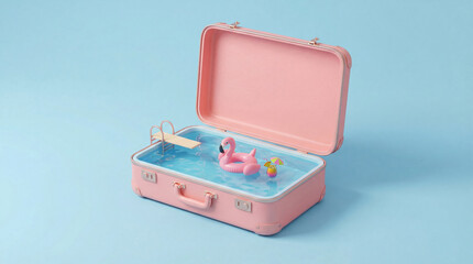 Pink open suitcase with swimming pool inside