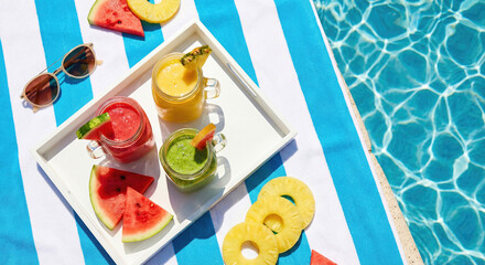 Fresh fruit smoothies on tray by swimming pool