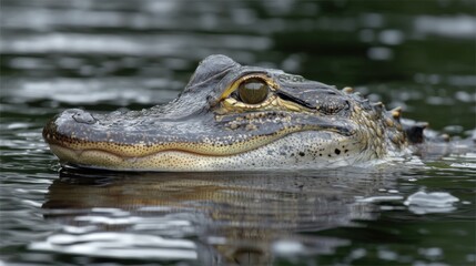 Obraz premium Close-Up of a Reptile's Head Emerging from Calm Water with Ripples and Reflection Under Natural Light