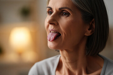 Amyotrophic Lateral Sclerosis Woman with gray hair sticking out her pink tongue in a close up