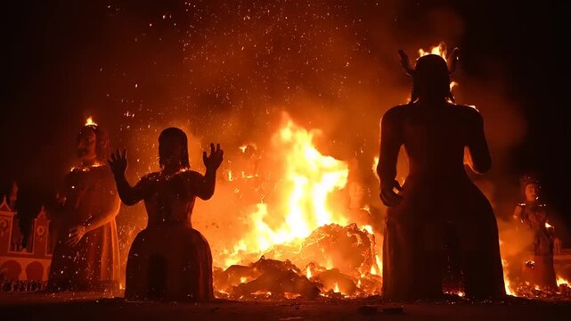 Monumental Las Fallas bonfires blaze vibrantly in a fiery spectacle