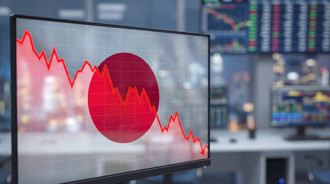 Japanese flag with red stock market crash graph