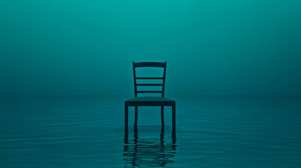 Quiet chair water reflection surrealism minimal blue calm empty space concept art mood