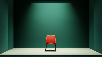Quiet minimal chair surrealism green wall interior design red seat modern furniture concept art spotlight stage gallery