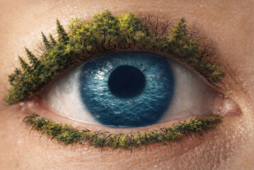 Human blue eye with forest trees eyelashes