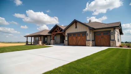 Obraz premium Modern ranch home features tan siding stone accents and large wooden garage doors. A spacious concrete driveway leads to the beautiful house with green manicured lawn. Countryside fields surround.