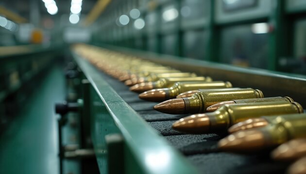 Rows of metallic ammunition cartridges move along conveyor belt in factory. Bullets gleam under factory lights. Defense industry assembly line produces military rounds. Weapons manufacturing