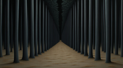 Surrealism forest path tree trunk symmetry quiet depth dark wood mystery fantasy landscape minimal perspective sand ground vertical line fantasy art concept