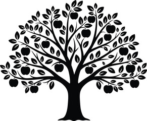 Obraz premium Large apple tree vector silhouette featuring black leafy branches and fruit shapes isolated on white background for garden orchard nature and agricultural graphic design projects.