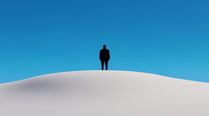 Minimalist silhouette desert horizon solitude quiet surrealism under vast blue sky with lone human figure on soft white dune sand create dreamlike mood and contemplative calm feeling