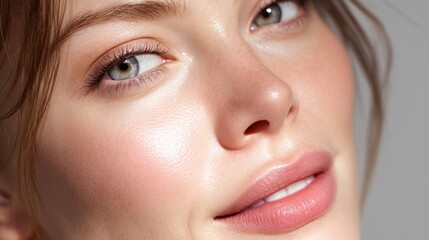 Fototapeta premium Close-up Portrait of a Young Woman with Radiant Skin, Natural Makeup, and Light Hair, Capturing Fresh Beauty and Confidence