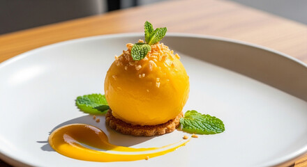 Delicious yellow dessert with mint garnish on white plate.