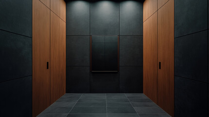 Modern elevator interior minimal design quiet mood dark wood panel black tile surrealism ambience empty hallway luxury style soft light