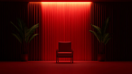 Red chair red curtain minimal interior surrealism quiet moody light empty room tropical plant modern design luxury decor dramatic red curtain and red chair create quiet surrealism mood minimal