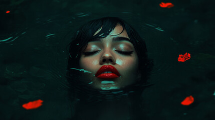 Woman face red lip water reflection dark background floating flower surreal portrait calm emotion beauty makeup wet hair night atmosphere Woman face with red lip floating dark water reflection