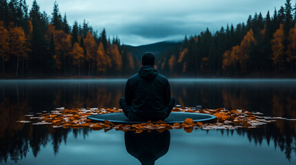 Quiet lake meditation autumn forest surrealism calm reflection misty water solitude mindfulness nature zen peaceful mood moody landscape foggy morning