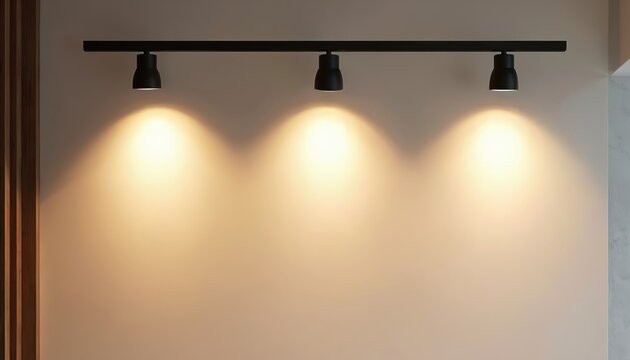 Modern track lighting with three black spotlights casts warm yellow glow on neutral wall. Interior space design element adds cozy ambience and soft illumination. Side view shows wood slats.