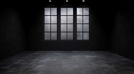 Dark room interior window floor quiet surrealism foggy light shadow modern minimal black empty space atmospheric moody scene