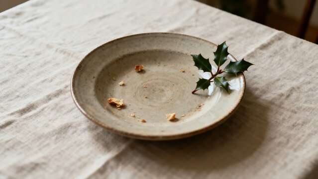 Top-down shot of empty cream ceramic plate with cookie crumbs and fresh holly branch on white linen fabric. Represents post-meal moment, simplicity, and natural Christmas festive atmosphere.