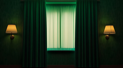 Quiet green curtain window surrealism with soft lamp light create dreamy interior mood and tranquil symmetry in dark room