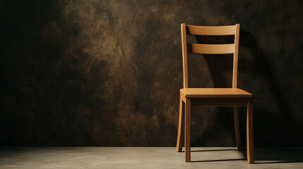 Empty chair wooden chair human shaped shadow dramatic light solitude minimalist brown wall concrete floor moody interior design Empty chair wooden chair human shaped shadow dramatic light solitude
