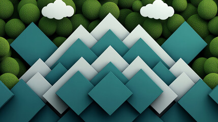 Geometric mountain abstract surrealism quiet mood green sphere background teal diamond layer minimal landscape art soft cloud shape illustration modern design fantasy style