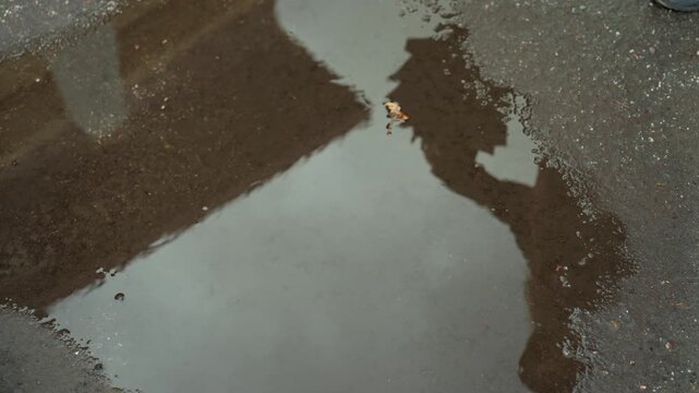 puddle reflection lone walker on asphalt, small brown leaf drifting, distorted silhouette approaches from edge, overcast light, wet grit and subtle ripple, cinematic mood evoking solitude