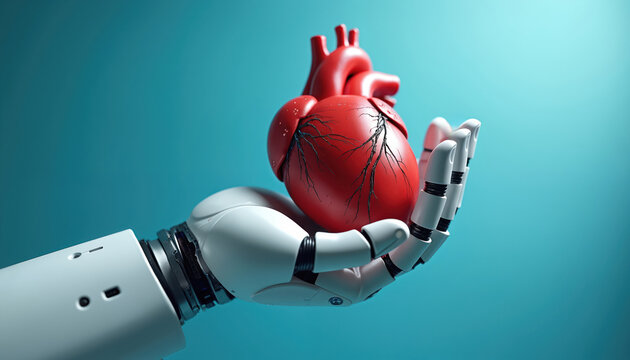 Robotic hand holds red human heart with veins. Futuristic tech symbolizes cardiology medical care. Digital cardiology innovation offers future heart health. Artificial intelligence helps doctors.
