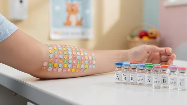 Closeup medium shot on pediatric allergy testing area highlighting colorful numbered grid and small vials softly blurred clinic room beyond for childfriendly atmosphere.