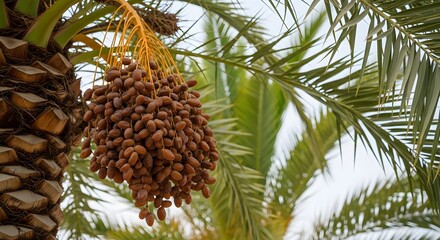 Ripe Dates Cluster Hanging Among Palm Leaves