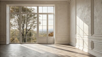 Obraz premium Elegant room with classic molding and panoramic view, perfect for real estate promotion, luxury lifestyle ads, architectural backgrounds, or editorial content