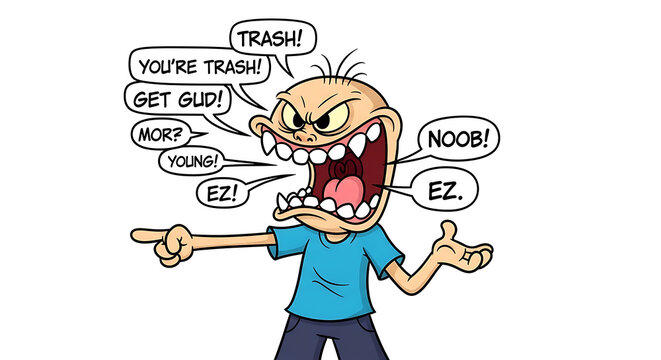 A cartoon man shouting insults with speech bubbles around him, expressing anger and frustration, in a humorous illustration style from a straightforward viewpoint.