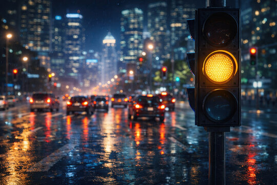 Rainy City Street at Night with Yellow Traffic Light image photo