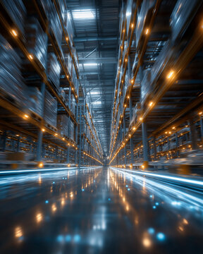 Warehouse Panorama: Capturing the grandeur of a modern warehouse, showcasing rows of inventory under a dynamic lighting scheme, symbolizing efficiency and operational prowess.