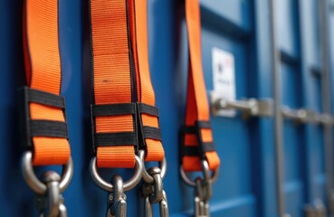 Orange tie down straps with metal clasps secure cargo on blue shipping container. Safety belts fasten loads for transport, preventing movement. Industrial logistics gear ensures secure transit.