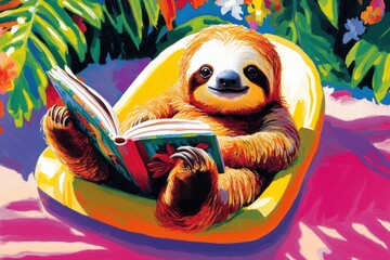 Fototapeta premium Sloth relaxing and reading a book in a colorful setting surrounded by plants and flowers during a sunny day