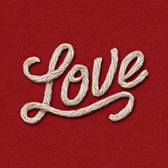 The word Love crafted from rope on a textured red surface viewed from directly above