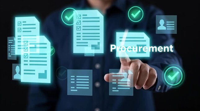Businessman approving procurement checklist with green checkmarks digital interface business process approval purchasing supply chain management