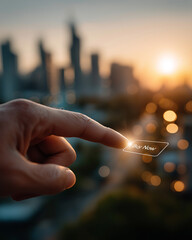 Buy Now Button: A close-up of a finger pressing a Buy Now button, with a blurred cityscape in the background, set against a stunning sunset sky, hinting at the convenience of digital commerce.