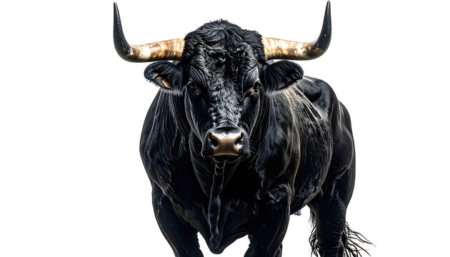 Majestic, imposing black bull with large horns, looking directly at the viewer
