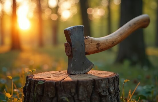 Axe rests in a tree stump with warm sunset light filtering through the forest. Small green plant sprouts near the chopping block. Outdoors nature scene shows rustic tool ready for work.
