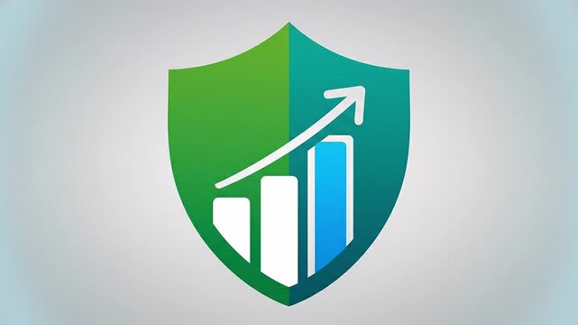 A flat animated risk management icon with shield and chart, subtle pulse animation, clean vector style, slow centered zoom camera motion.