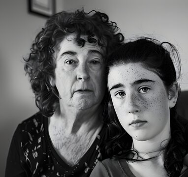 Dramatic portrait of mother and daughter hugging with serious expression - Poverty and resilience concept